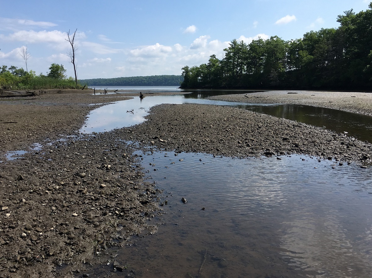 View of tidal tributary on the Hudson at low tide with exposed gravel bars