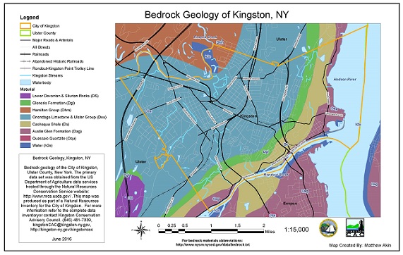 Bedrock geology map from City of Kingston Natural Resources Inventory, with different bedrock geology types shown in different colors. More information about the project is available at https://www.kingston-ny.gov/nri