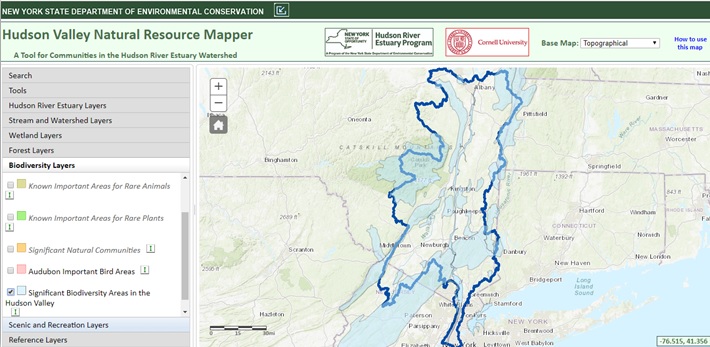 Screen shot of the Hudson Valley Natural Resource Mapper landing webpage showing the extent of the watershed outlined in blue and on the left is the menu of map layers that can be viewed in the mapper.