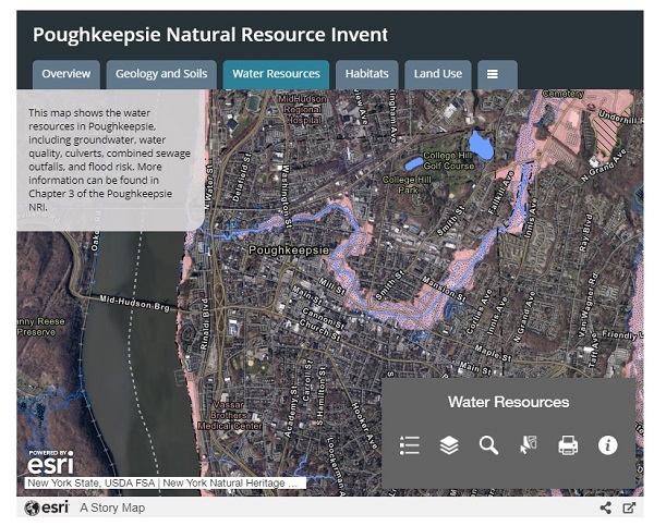 Screen shot of City of Poughkeepsie NRI Mapper with water resource layer displayed over an aerial photograph of the city. Additional information and the mapper are available at https://cityofpoughkeepsie.com/planning/natural-resource-inventory/