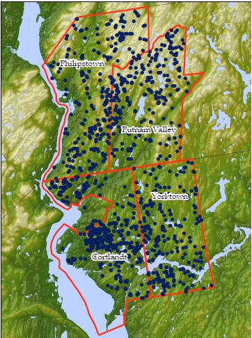 Map depicting locations of woodland pools in western Putnam County. Each pool location is represented by a blue symbol.