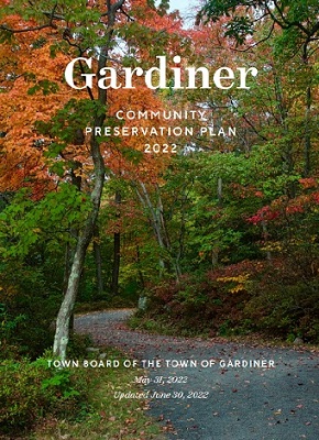 Cover of Gardiner Community Preservation Plan with background image of a road cutting through a forest in autumn.