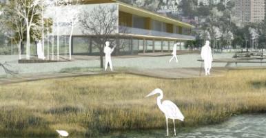 Design concept of a waterfront area with overlaid graphic images of people and shorebirds
