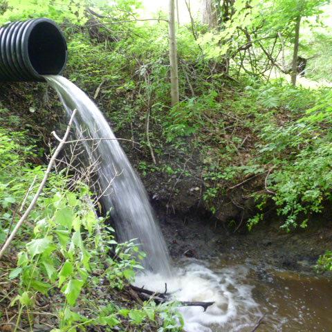 Perched culvert with water flowing out about 8 feet above the stream