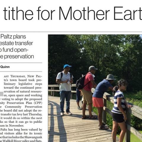 Thumbnail of news article entitled, "A tithe for mother earth: New New Paltz Plans Real-Estate Transfer Tax to Fund Open-Space Preservation" with a photo of five people standing on a viewing platform over a wetland. The first two paragraphs of the article are included in the screen shot.