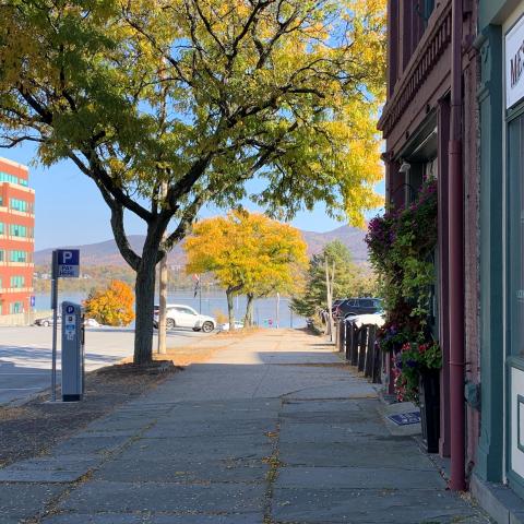 sidewalk with shade from street tree and view of Hudson River in the distance