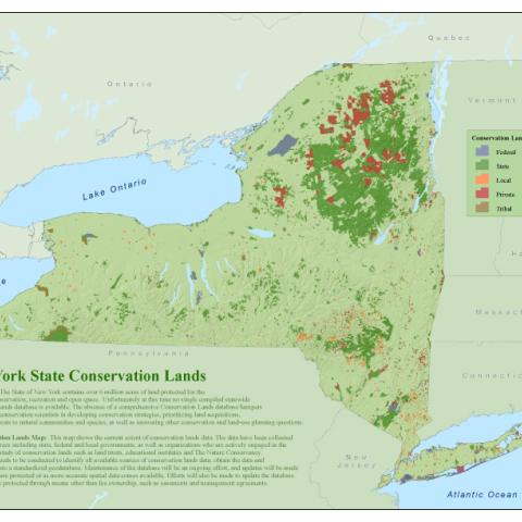 Map of New York State showing the conserved lands in different colors.